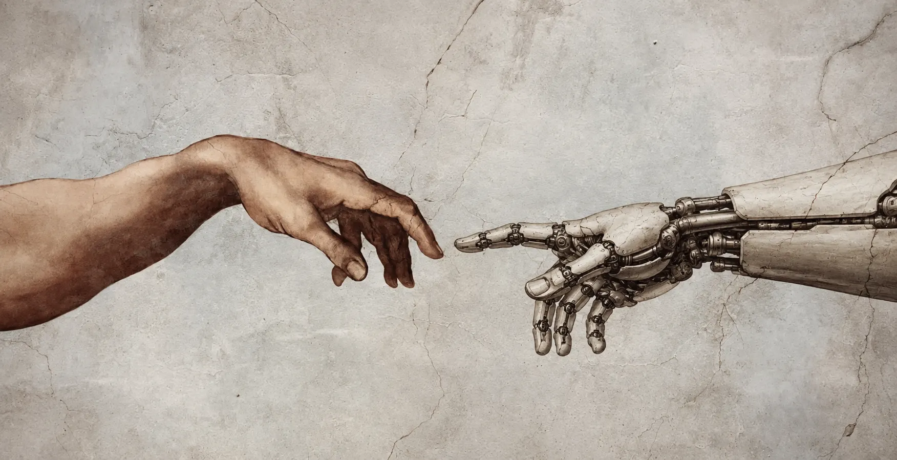 Illustration of a human hand and a robot hand reaching toward each other, in the style of Michelangelo's Creation of Adam