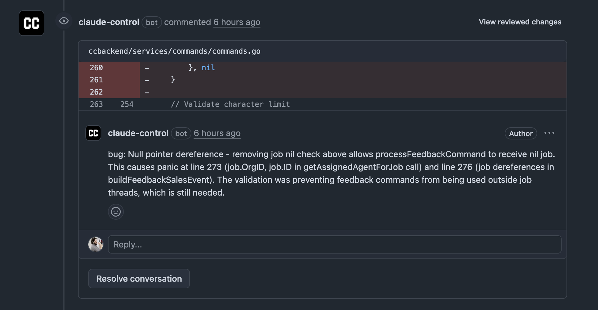GitHub PR review comment from claude-control bot